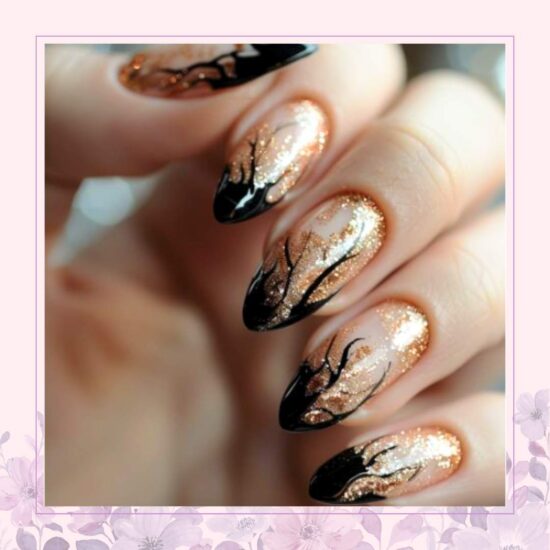 Black base with gold shimmer and swirls nail design