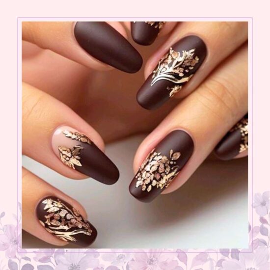 Brown nails with gold foil nail designs