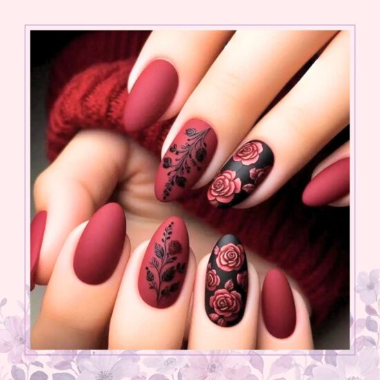 Burgundy matte with rose nail design