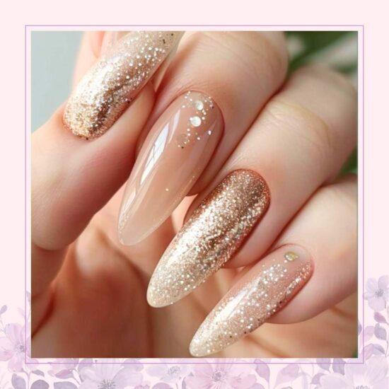 Champagne gold glitter with delicate white nail designs