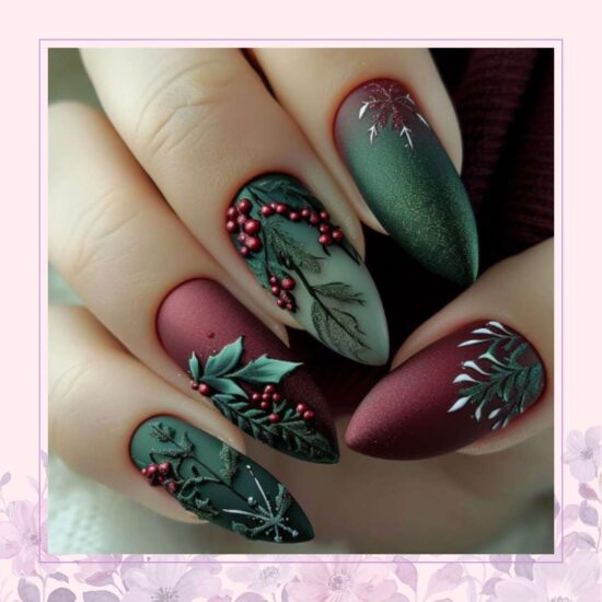 Green and burgundy nails with berries