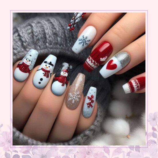 Red and white snowman nail design