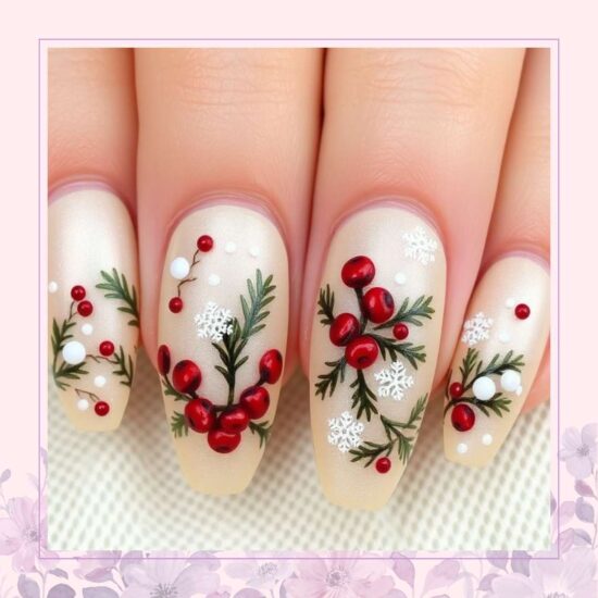 Cream base with red berries and green leaves nail art