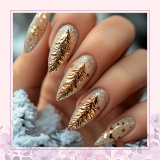 Gold Christmas trees on nude nail design