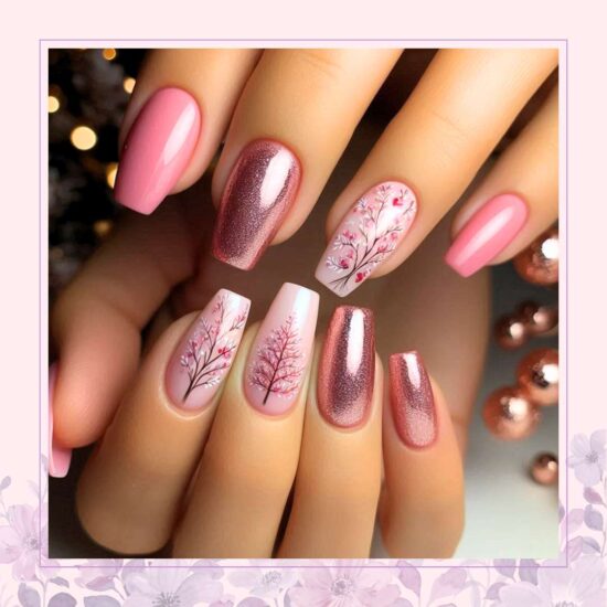 Rose Gold Valentine Branches nail design